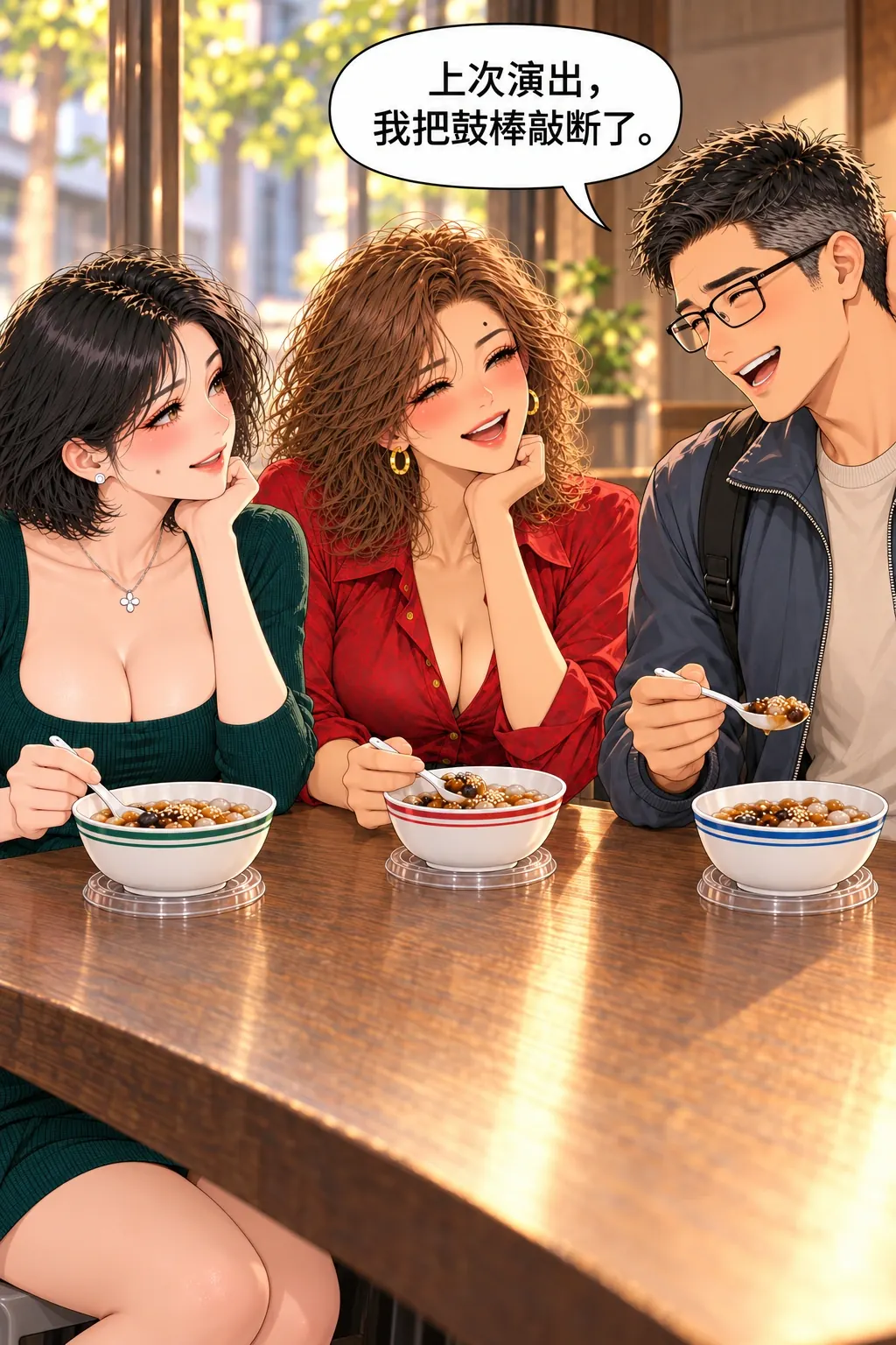 冰粉店的第三把椅子漫画画面：《冰粉店的第三把椅子》第7格：受邀的赵真正坐吃，三人局成立。