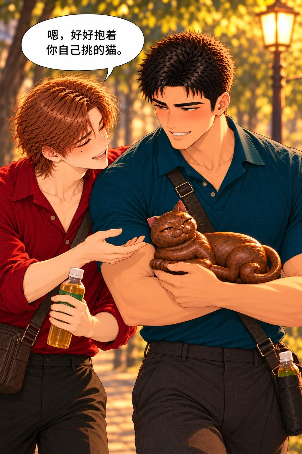先别替我成交漫画画面：《先别替我成交》第19格：林让他自己抱自己挑的猫，尊重选择以当下相处兑现。
