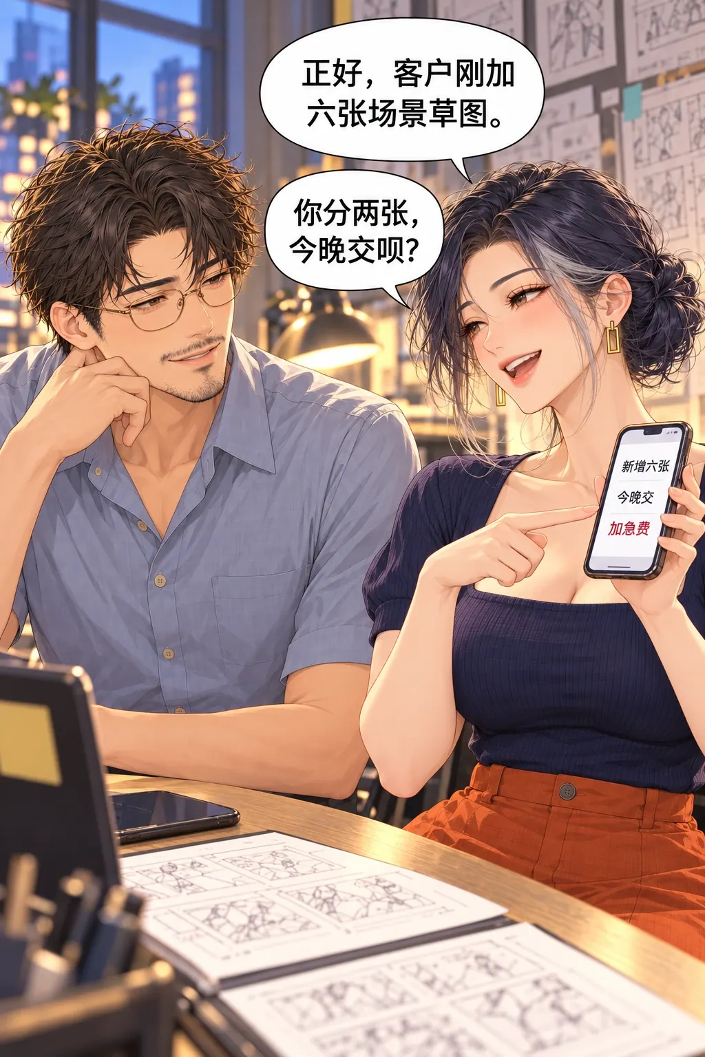 老师也不行漫画画面：《老师也不行》：实图双人坐桌边上半身。