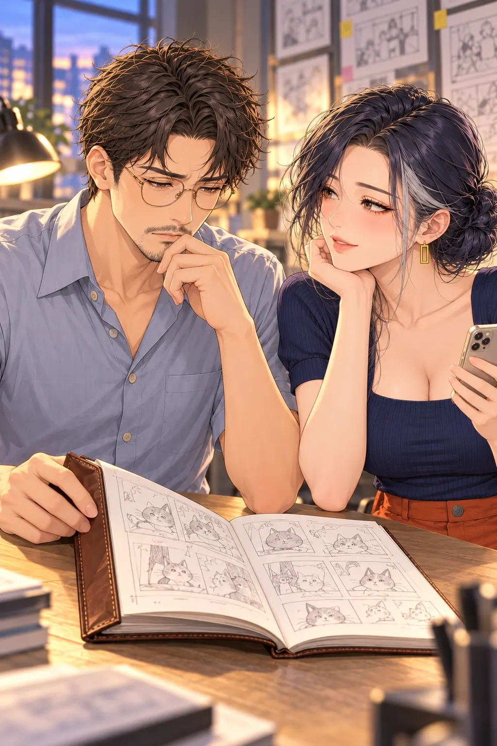 老师也不行漫画画面：《老师也不行》：实图无字双人桌边近景。
