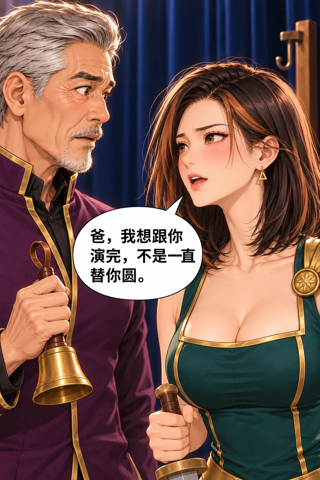反派不肯认输漫画画面：《反派不肯认输》：女儿提出共同演完而非无限给父亲面子。