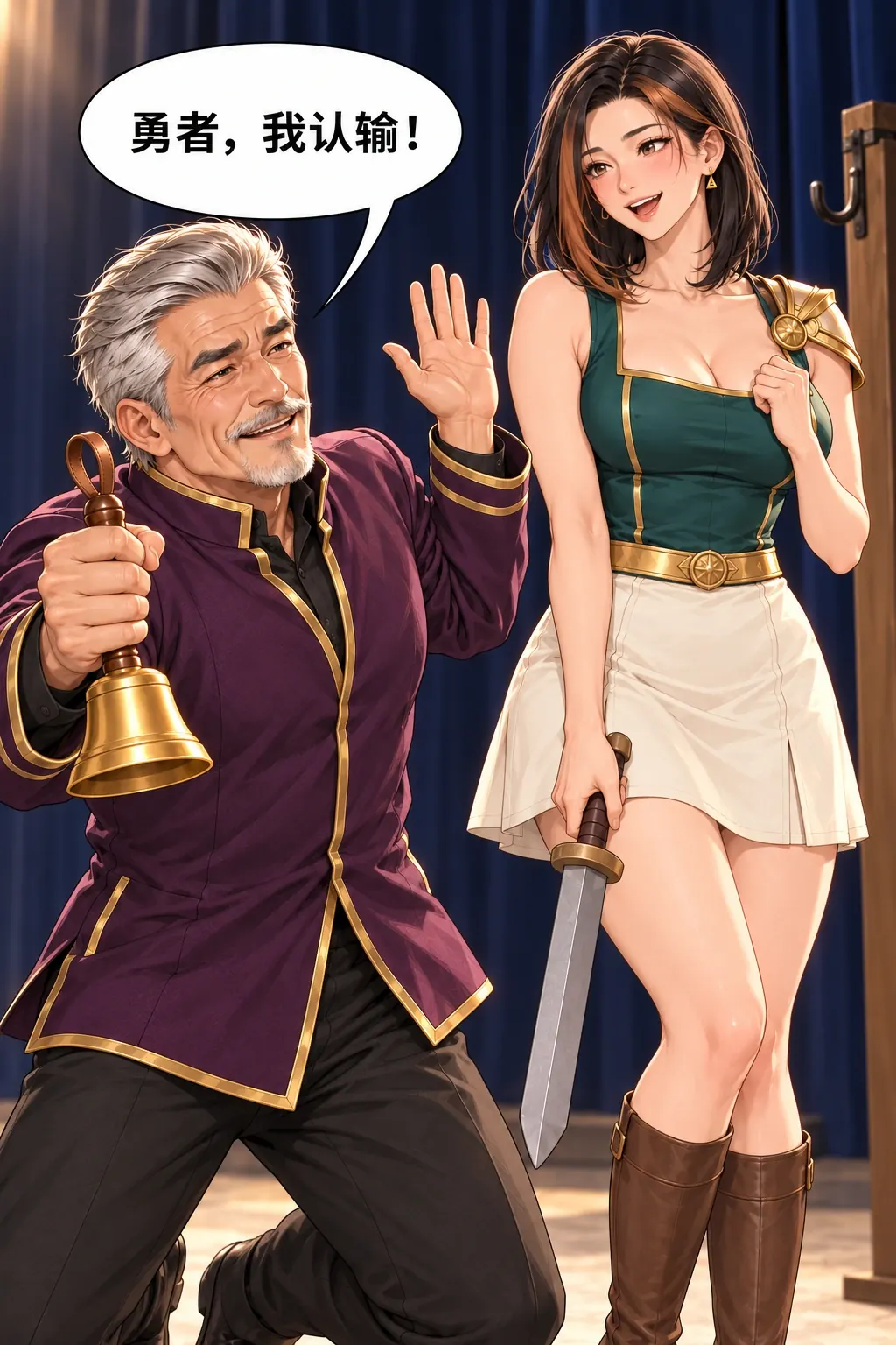 反派不肯认输漫画画面：《反派不肯认输》：把认输演成可见行动，无受伤与剑接触。