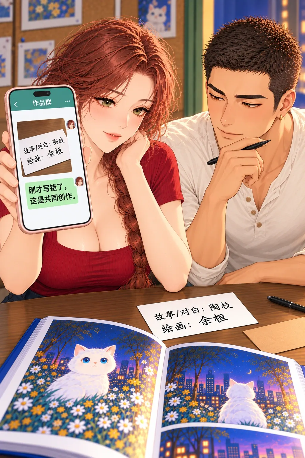 这本有两个名字漫画画面：《这本有两个名字》：在原群实发更正与双人分工照片，不能只在桌上改。