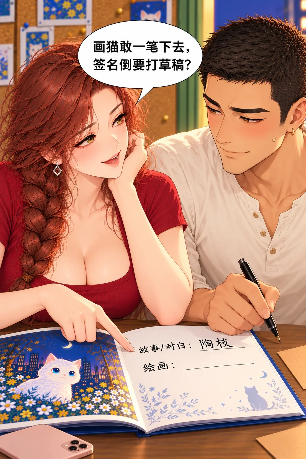 这本有两个名字漫画画面：《这本有两个名字》：以画猫敢落笔对照自己的名字犹豫，笑点回扣创作者身份。