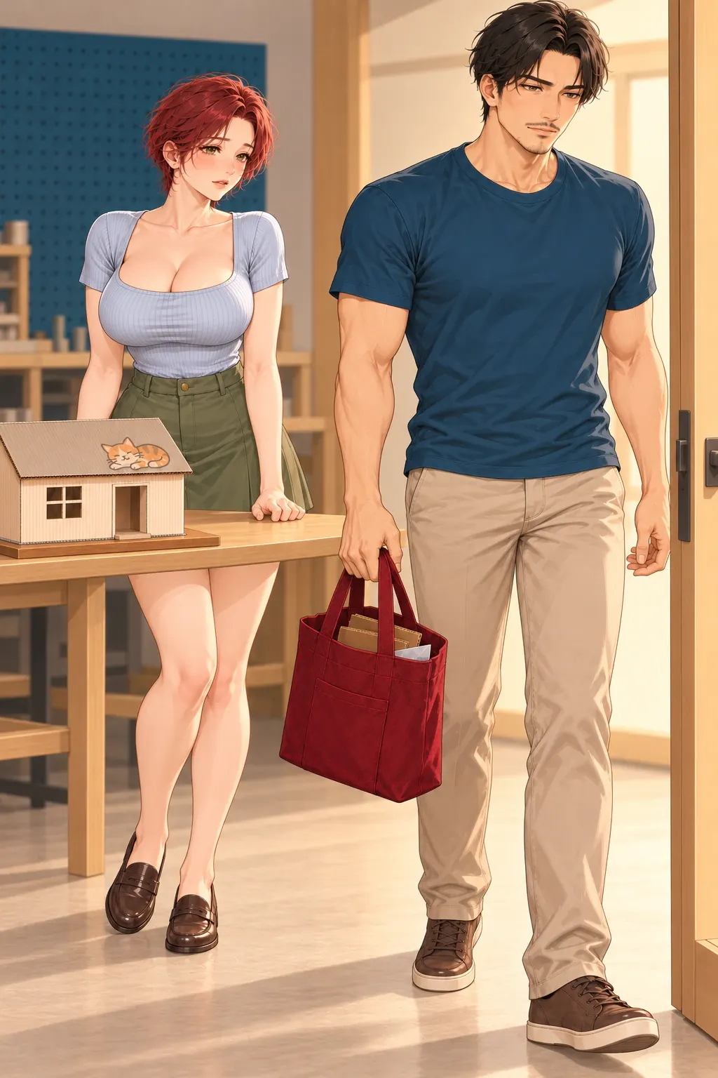 带纸屋回家漫画画面：《带纸屋回家》：先送袋不是两人各拿一份同时走。