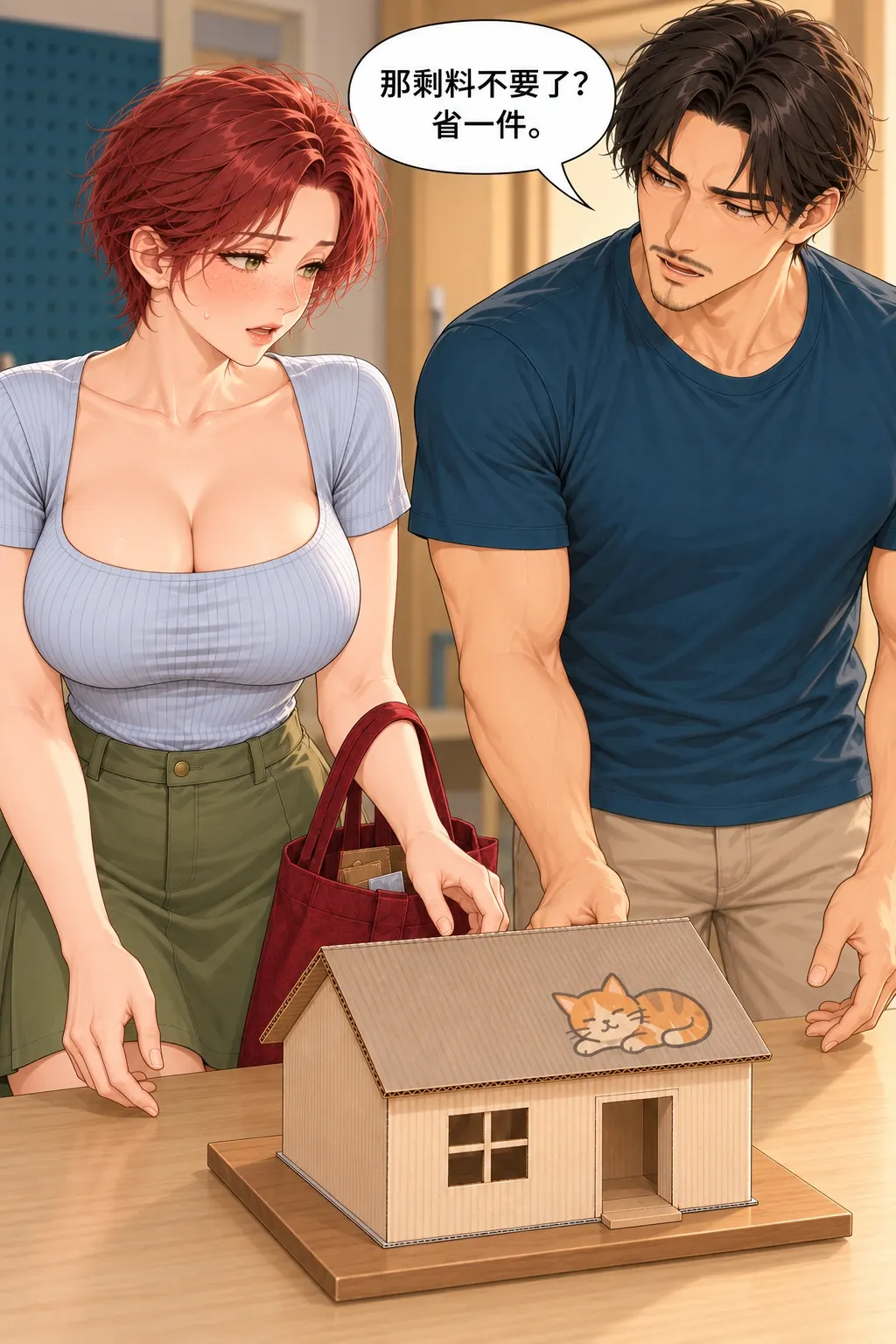 带纸屋回家漫画画面：《带纸屋回家》：回桌与舍料提问合在一格，原代价保留而不反复走路。