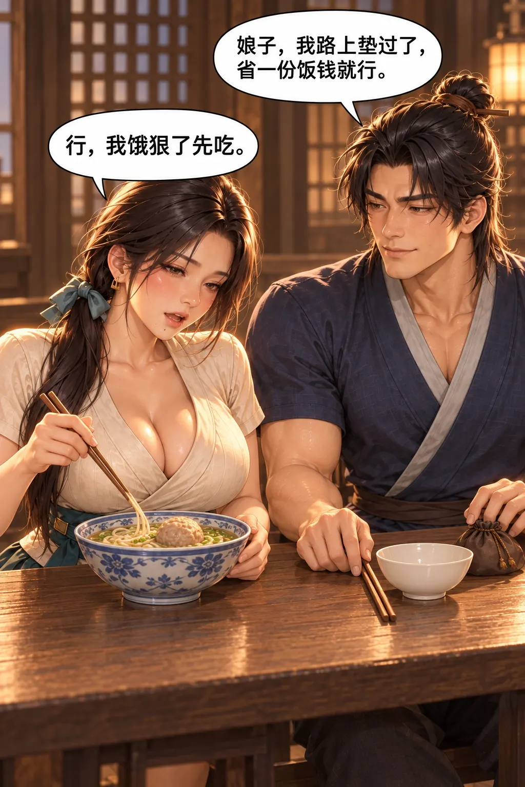 不饿的人先动筷漫画画面：《不饿的人先动筷》：婚姻、她真饿与他拒点省一份钱的矛盾同时入场。