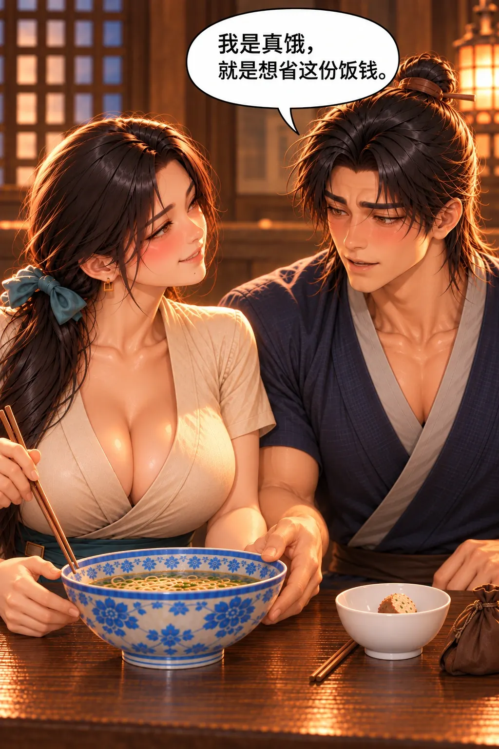 不饿的人先动筷漫画画面：《不饿的人先动筷》：男自己停演、退她正餐并认饿和省饭钱的初衷。