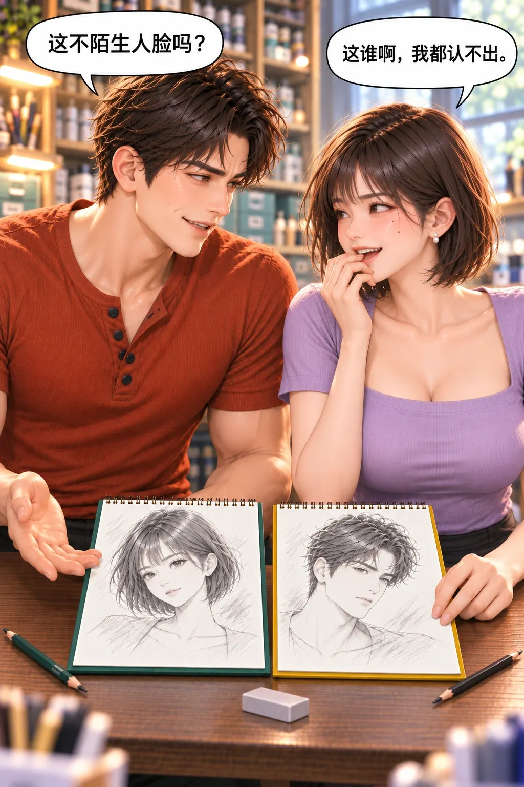 越改越眼生漫画画面：《越改越眼生》：两人看过画像又看真人，忍不住失笑。