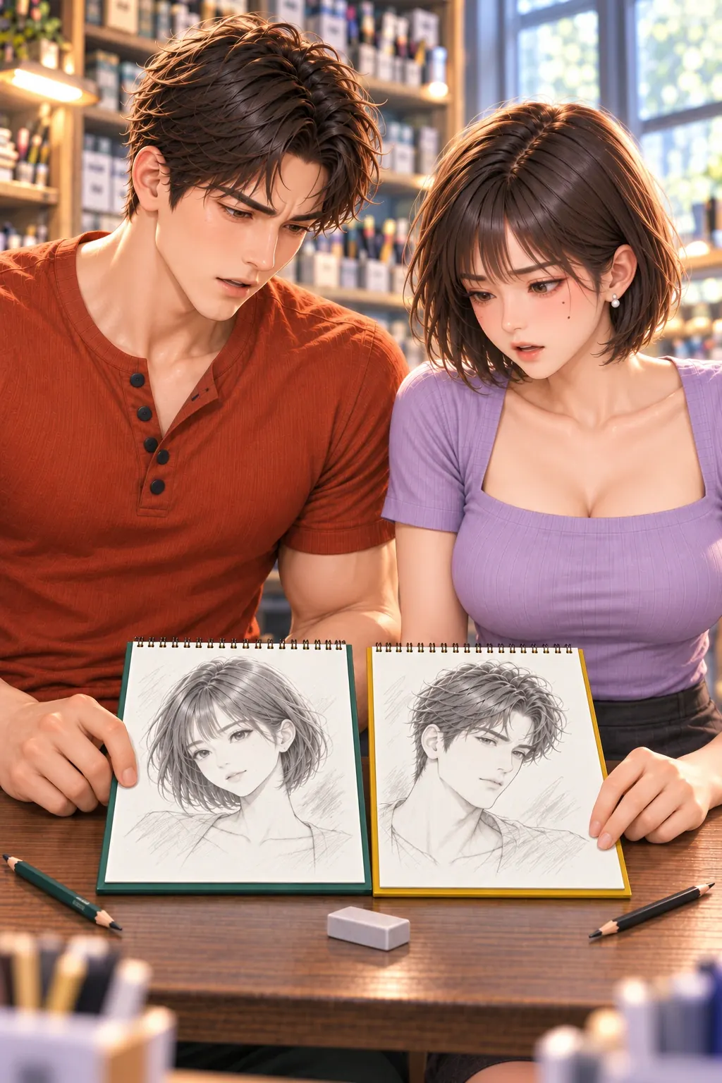 越改越眼生漫画画面：《越改越眼生》：两张改过的画像并排，两人越看越陌生。
