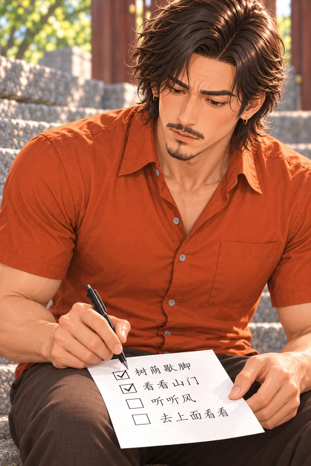 歇一会儿也要打勾漫画画面：《歇一会儿也要打勾》：男独自看纸反思完成惯性，纸上后两项仍留空。