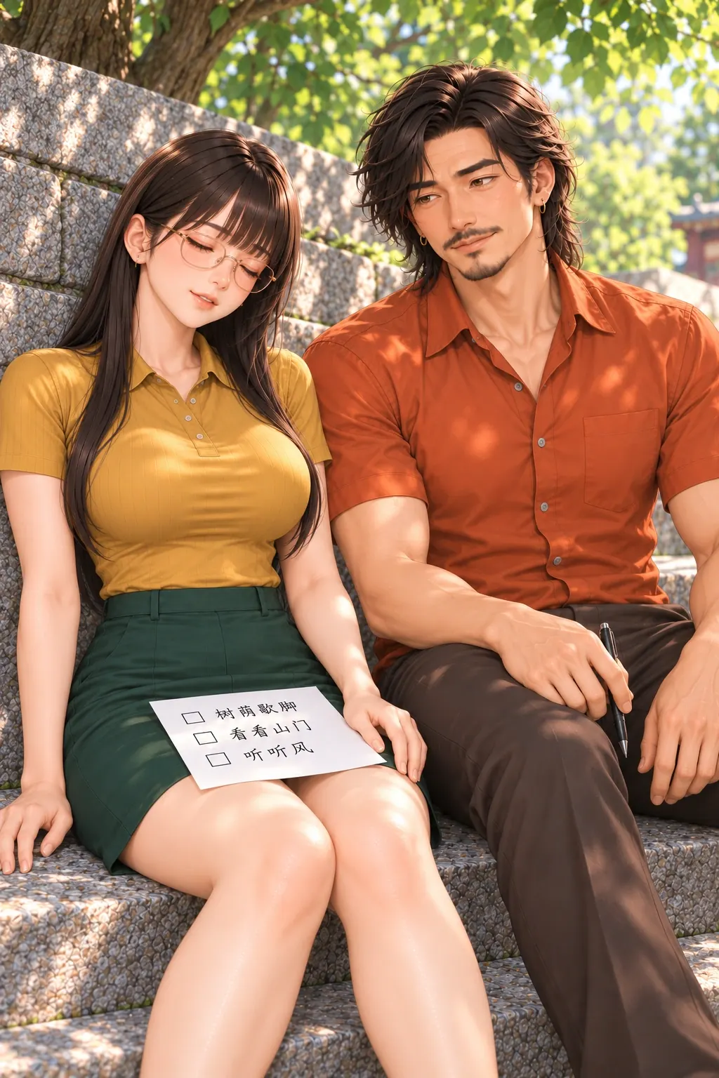 歇一会儿也要打勾漫画画面：《歇一会儿也要打勾》：真正的凉荫放松开始，尚未完成一项。