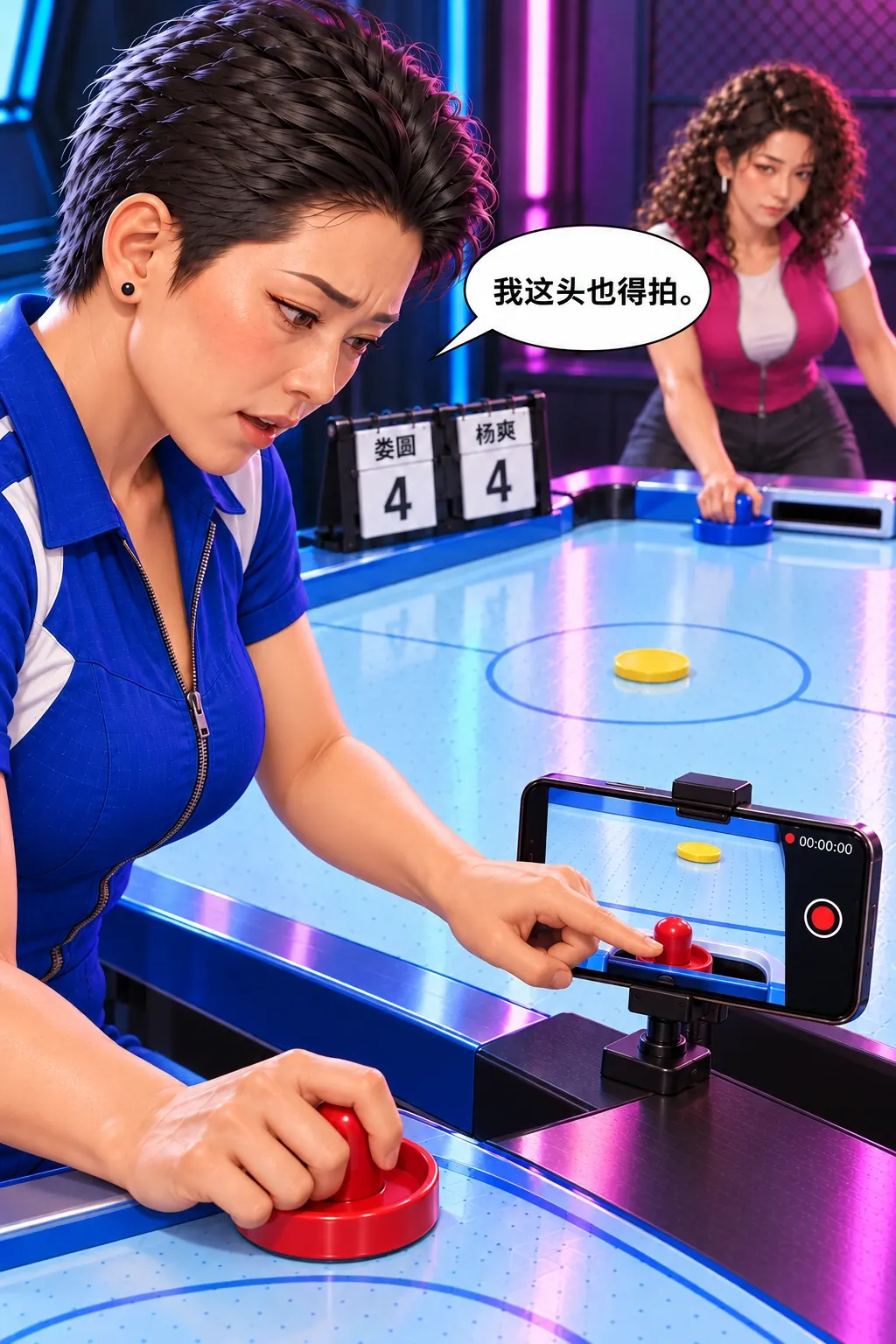 球还在桌上漫画画面：《球还在桌上》：娄圆右手握红推槌，左指示意支架手机里朝向自己球门的预览；第二段已开录，杨爽回到对端，比分4:4。
